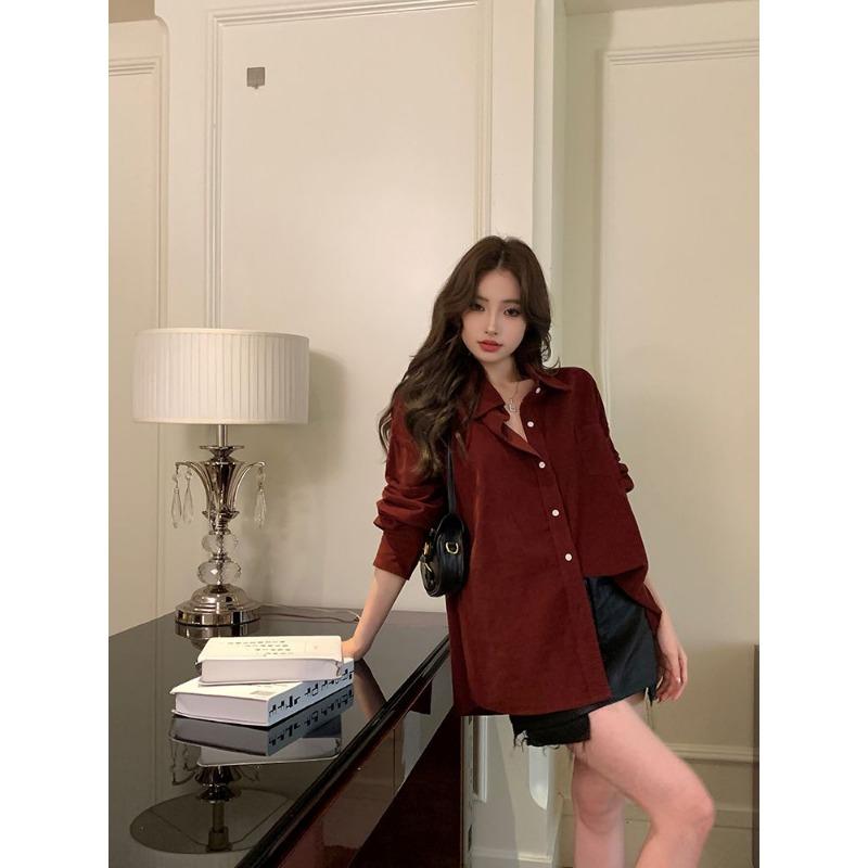 Camicia a maniche lunghe in velluto a coste bordeaux da donna, nuova per la primavera e l'autunno, top impilabile retrò, giacca