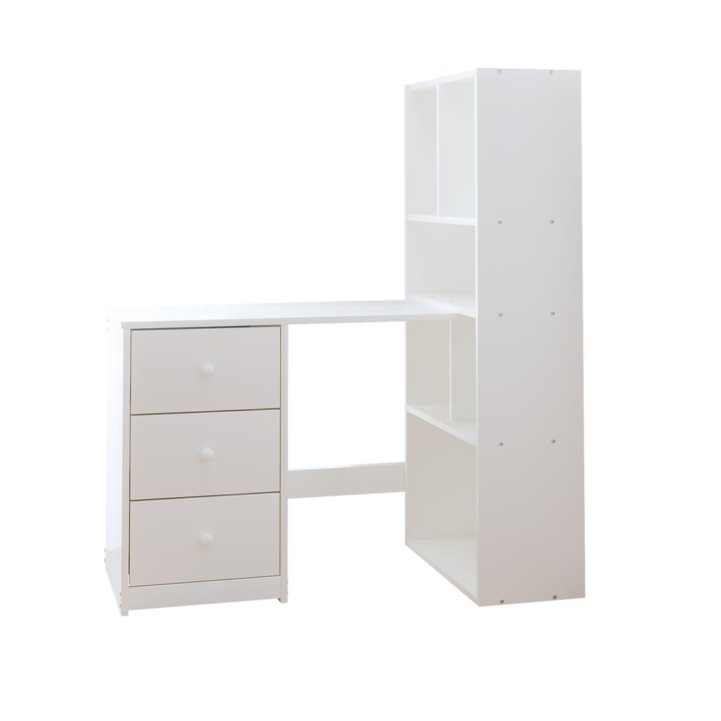 Escritorio de Esquina con Estantería 117 × 63 × 135 cm, Escritorio con 4 Compartimentos de Almacenamiento y 3 Cajones Deslizables, Blanco