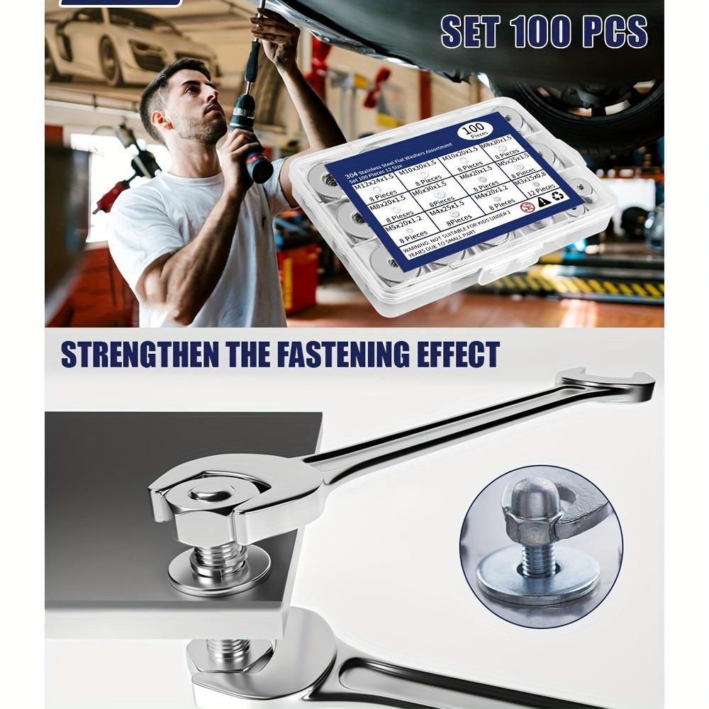 18-8(304) Stainless Steel Fender Washers, Flat Washers for Screws and Bolts, 100pcs Metal Washers Kit (12 Sizes M3-M12), Assorte