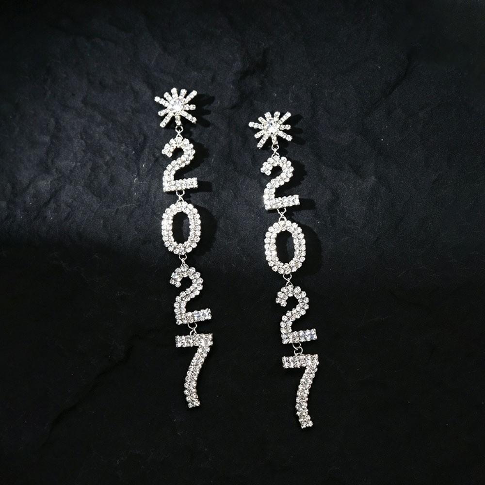 Long Drop Happy New Year Earrings Rhinestone Stud Earrings Fashion 2027 Digital Earrings Christmas