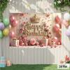 2D Girls Happy Birthday Photo Backdrop Banner Pink Gold Crown Rose Balloon Gift Party Background Cloth