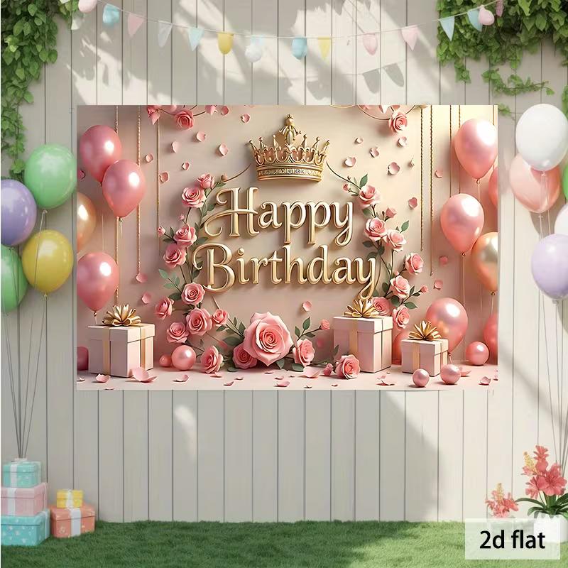 2D Girls Happy Birthday Photo Backdrop Banner Pink Gold Crown Rose Balloon Gift Party Background Cloth