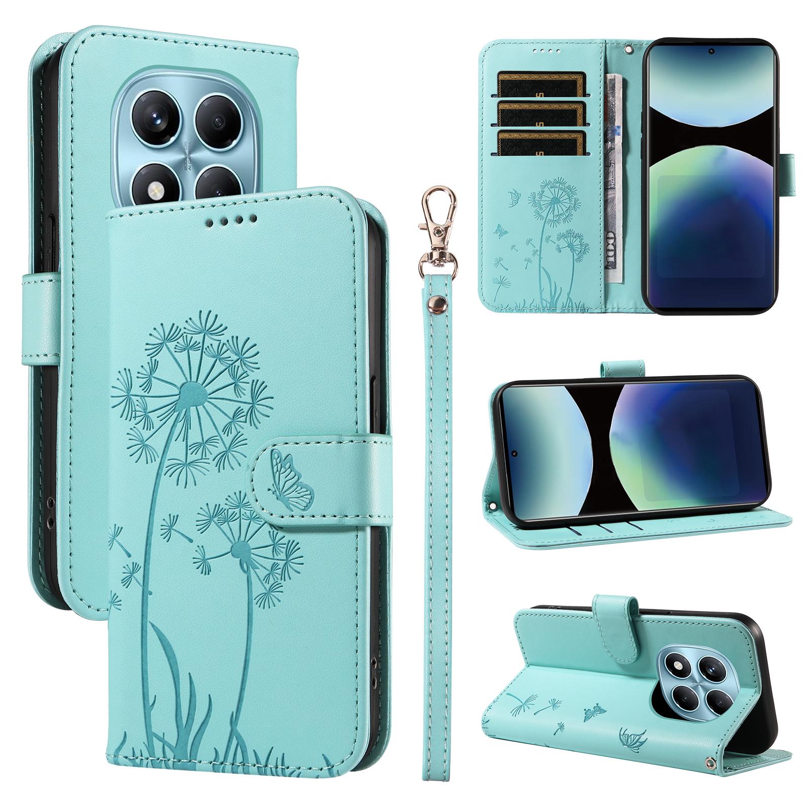 

For Xiaomi Redmi Note 14 Pro 4G Leather Wallet Case with Strap Dandelion Imprint Phone Stand Cover Green