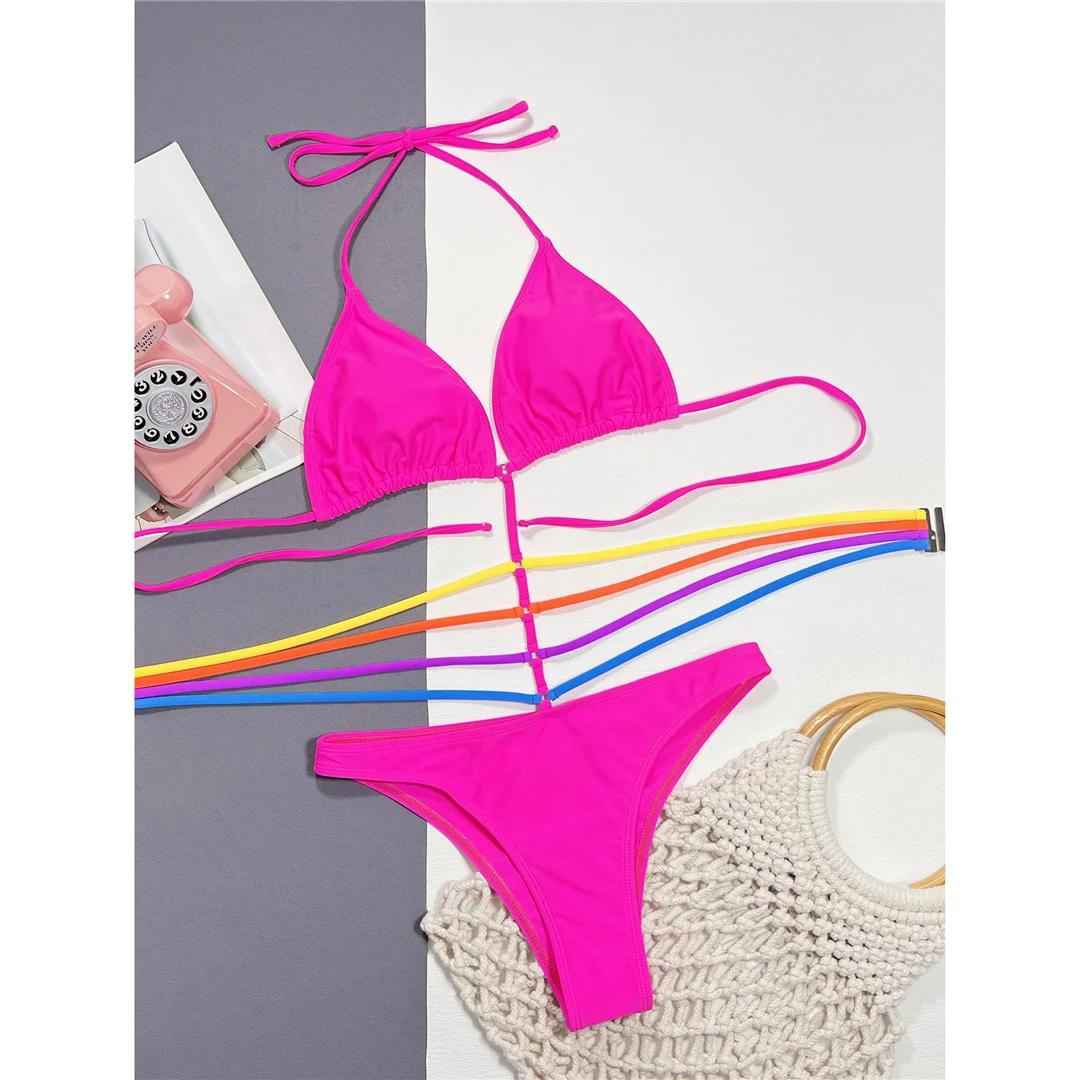 

2024 Новый сексуальный цельный купальник с запахом на бретельках, женский купальник, женский монокини с высоким вырезом, купальный костюм, купальный костюм L розовый