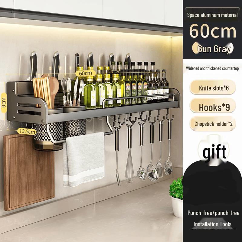 60cm Aluminum Wall-Mounted Kitchen Organizer with Knife Holder & Hooks