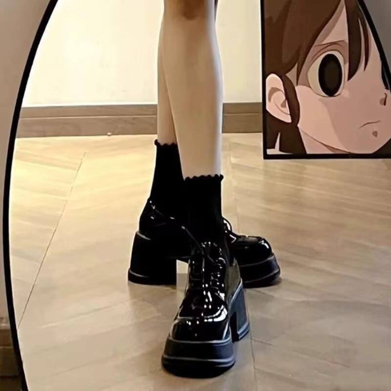 Black Platform Small Leather Shoes Women's Autumn Height Increase Thick Heel Mary Jane Shoes Muffin Round Head High Heel One Pedal