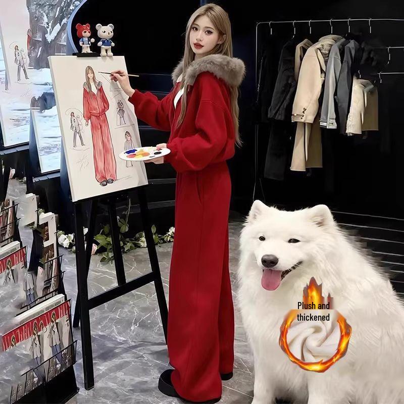 2026 Women's Red Zodiac Sports Set: Velvet Fur Hooded Sweatshirt & Cardigan