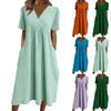 Robe Casual Chic pour Femme, Coupe Ample, Col en V, Manches Courtes, Mélange Coton-Lin