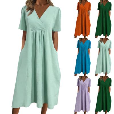 Women's Fashionable Loose-Fit V-Neck Short-Sleeve Casual Cotton-Linen Blend Dress