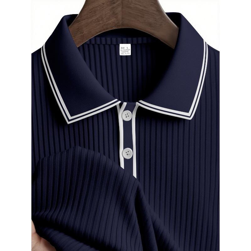 Mens Long Sleeve Striped Polo Shirt Loose Breathable Business Casual