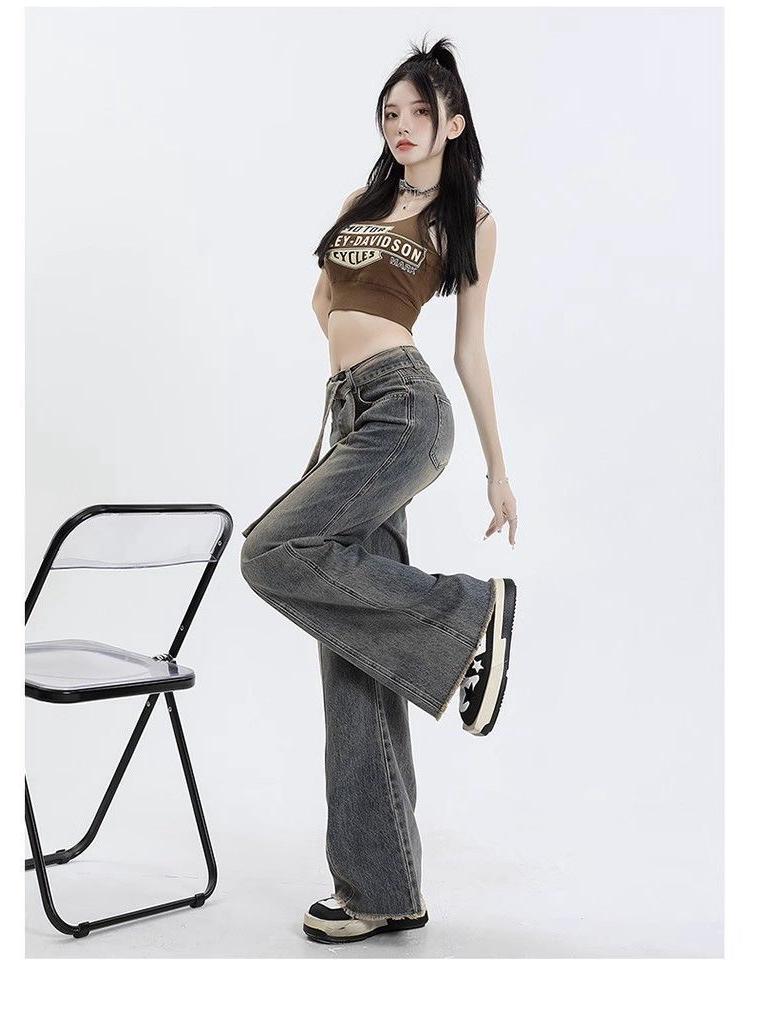 Women's Retro Washed High-Waist Wide Leg Jeans - Distressed and Slimming Style for Spring & Autumn
