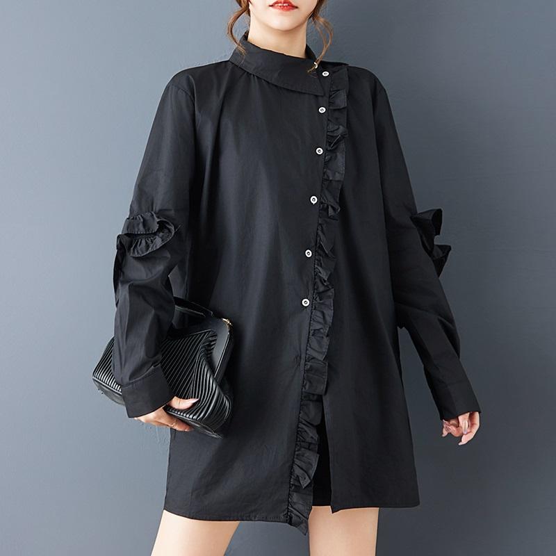 Long Sleeve Oversized Vintage Black Shirts & Blouses for Blouse Casual Loose Spring Autumn Tops Women Button Up Shirt