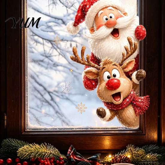 Transparent Decorative Stickers Christmas Static Window Clings, Removable Glass Decals, Snowman Santa Reindeer Nutcracker Glue Free Film with