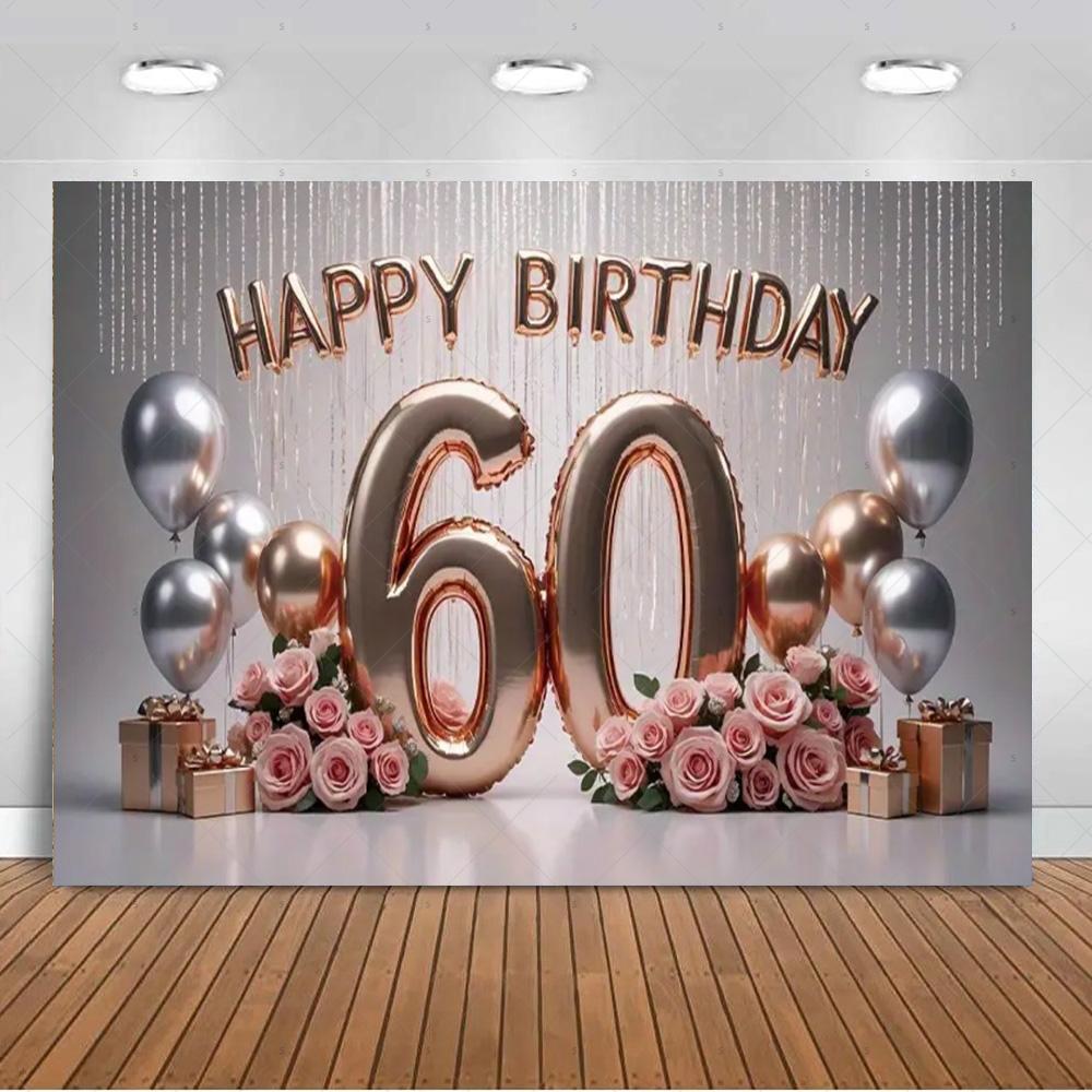 60 Years Old Backdrop Supplies Gold Pink Balloons Glitter Background Banner 60th Birthday Party Decorations Photography Props