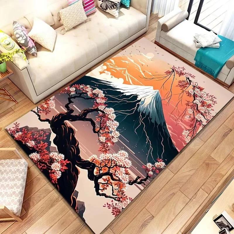 Japanese Landscape Print Rug with Cherry Blossom & Fuji Mountain for Bedroom and Sofa Entryway Decor