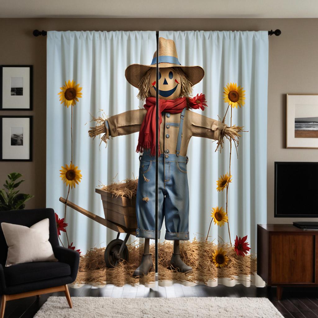 2 Stück HD Trolley neben der Strohpuppe dekorativer Vorhang weißer Bindeband digital bedruckter Vorhang Heimdekorationsstil dekoriert