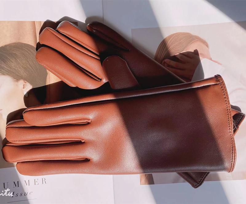 Leather Gloves Wind Color Men'S And Women'S Leather Pu Gloves Fleece Warm Windproof Solid Color Cycling Gloves