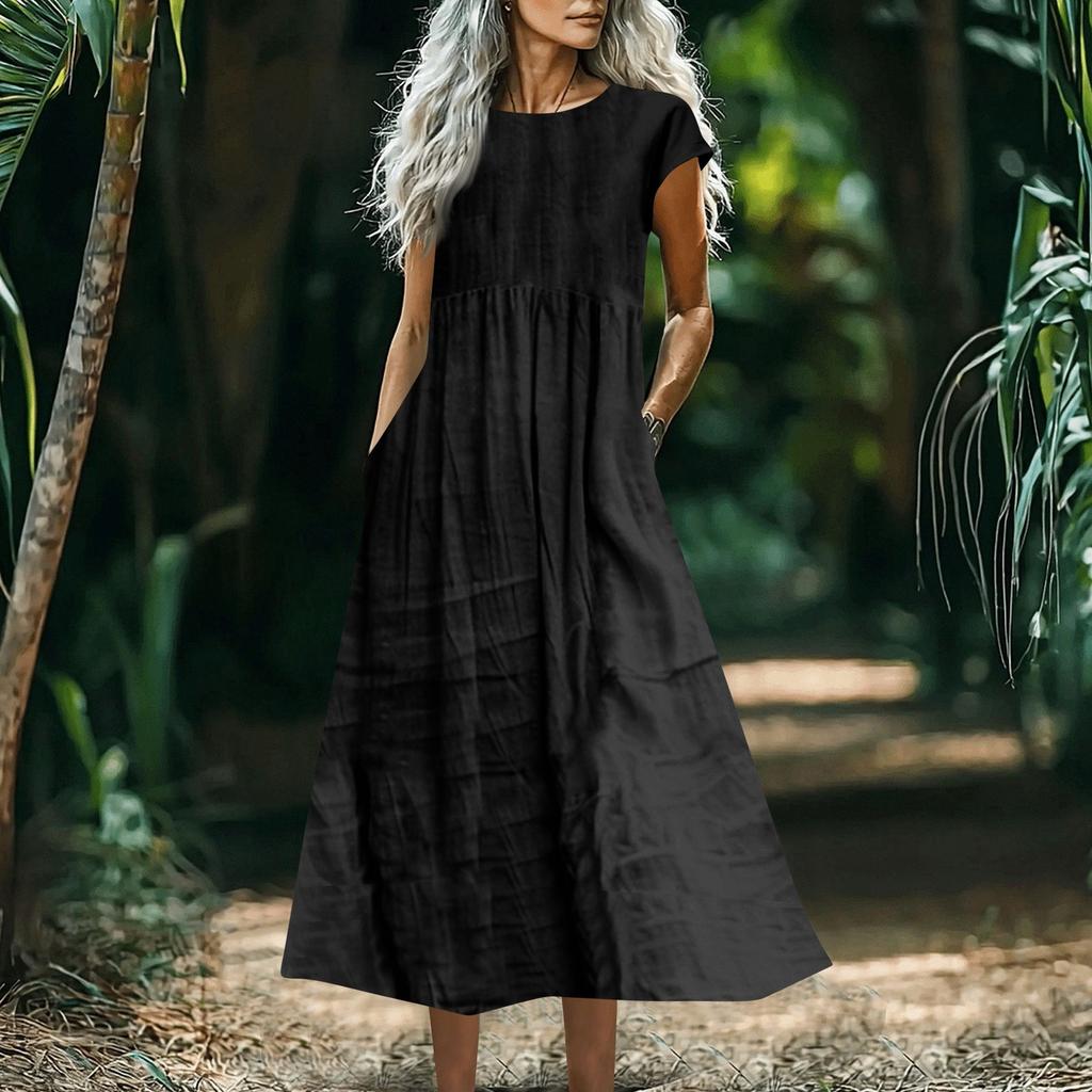 Women's Fashionable Solid-color Cotton And Linen Sleeveless Loose Pocket Dress