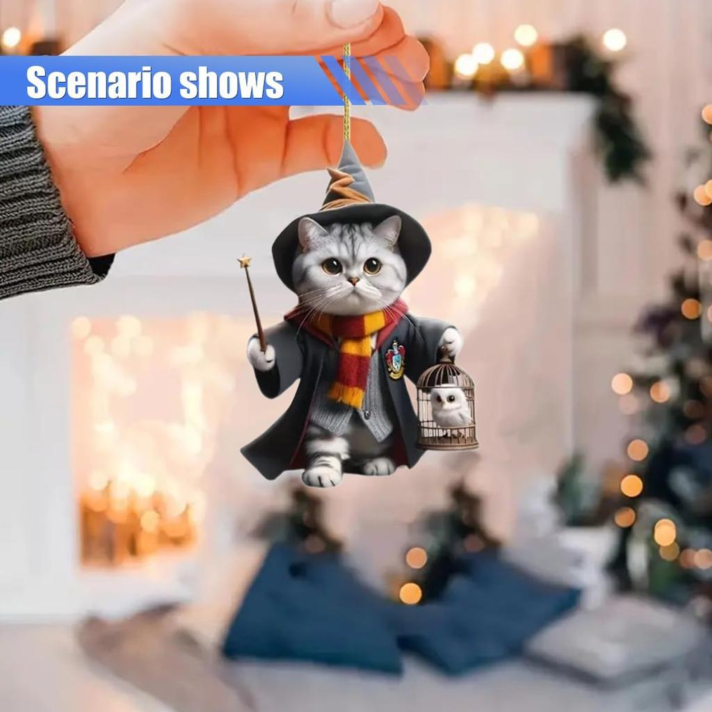 Magic Cat Car Rearview Mirror Accessories, 2D Flat Acrylic Pendant Car Rear View Mirror Charm, Christmas Tree Hanging Ornament, Car Interior