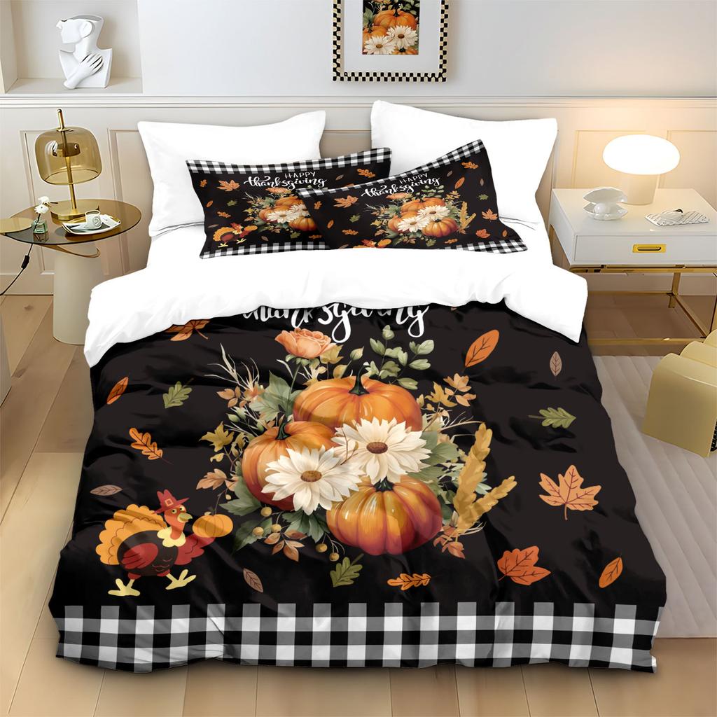Thanksgiving Quilt Cover Three-Piece Pumpkin 3D Printed Bedding Polyester Pillow Cover Quilt Cover