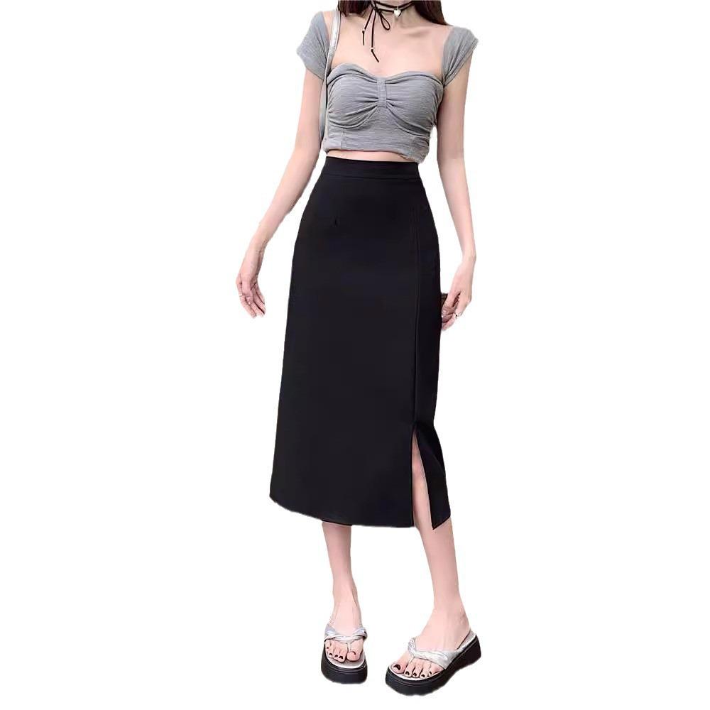 2026 New Plus Size High Waist Midi Slit Skirt - Light Mature A-line Design for Women