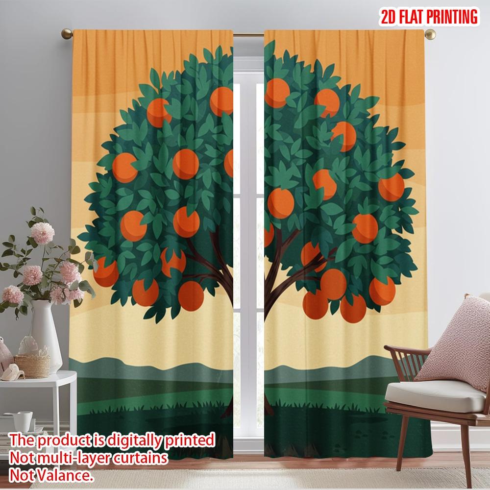 2 Stück 2D Flachdruck Vorhänge Ernte von Orangenbaumfrüchten Polyester Ohne Strom Weihnachtsdekorationen Verwendung für Feiertag