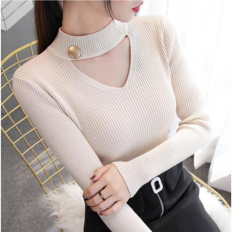 Hollow Hanging Neck V-neck Long-sleeved Autumn and Winter Sweater Women's Slim Knitted Bottoming Shirt Tops