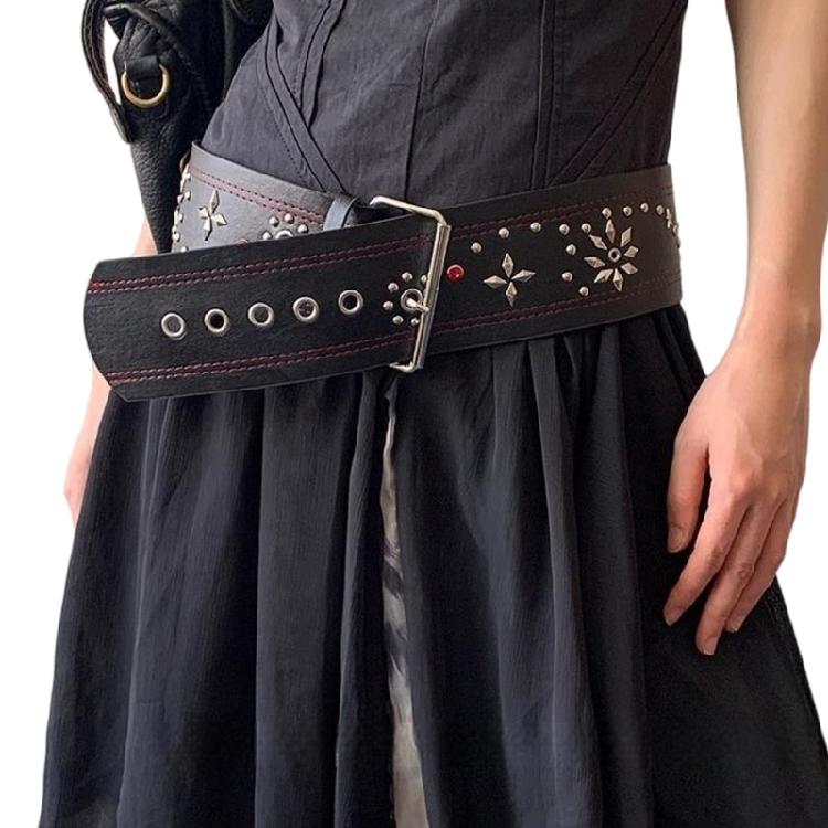 

Fashionable Rivet Studded Wide Belt For Women Men Pin Buckles PU Waistband for Street Wear Jeans Pants Waist Accessory чёрный