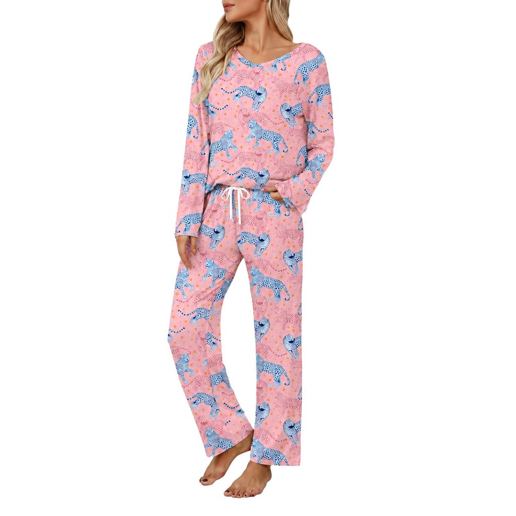 Women's V-Neck Pajama Set Long Sleeve Top and Pants Loose Fit Plus Size Two-Piece Loungewear for Spring and Fall