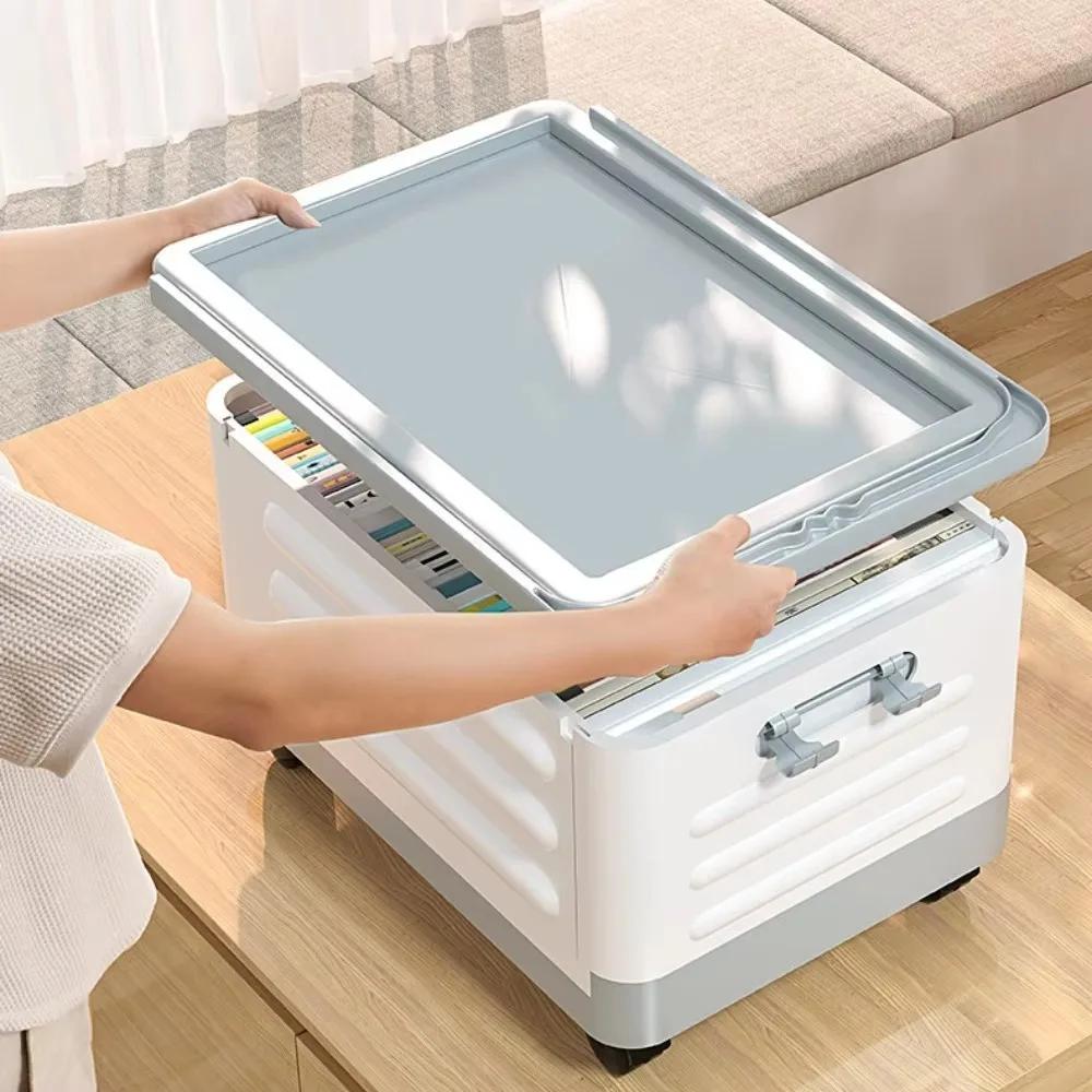 Storage Box Foldable with Sealed Lid And Wheels Transparent Stackable Household Living Room Waterproof Book Case Toy Organizer