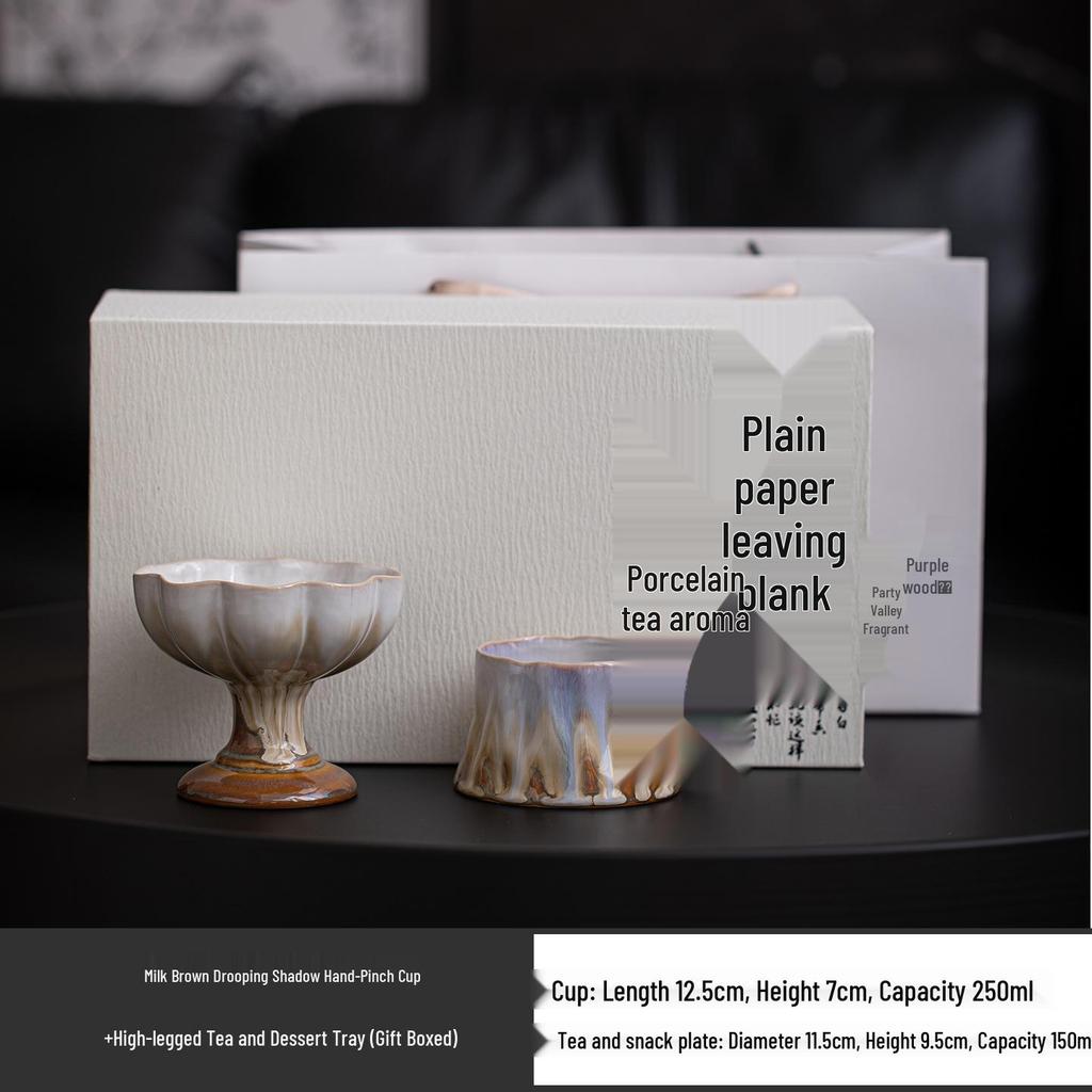French Retro Ceramic Coffee Cup and Saucer Set with Ice Cream Bowl and Creative Leaf Design