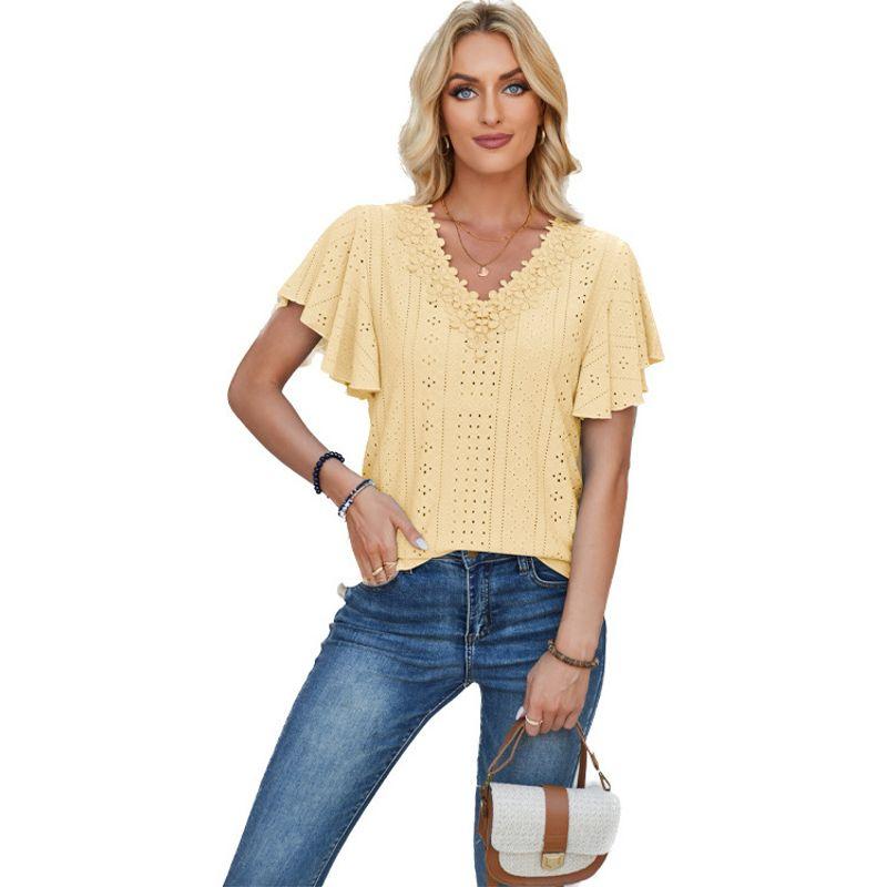 Lace V-neck T-shirt with Lotus Leaf Sleeves Lace V-neck Ruffle T-shirt