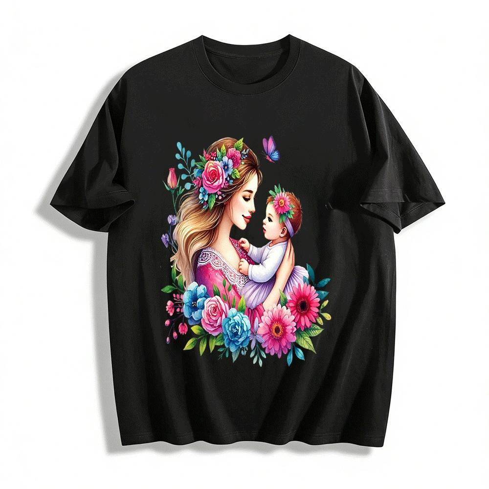 

Floral Mother And Child Print Casual Tops For Adults And Kids Pure cotton T-shirt XXS