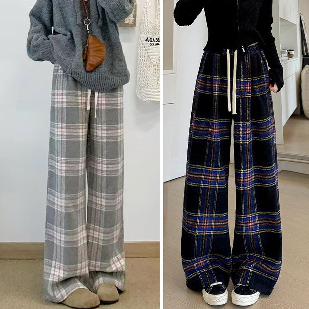 Women's High-End Retro Plaid Velvet Pants: Loose, Slimming Straight-Leg, Casual Wide-Leg Long Pants