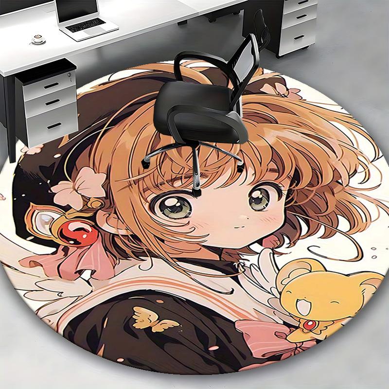 1pc Anime Design Round Carpet Cardcaptor Sakura with Butterfly Print Chair Mat for Office, Home Decor, Living Room, Bedroom