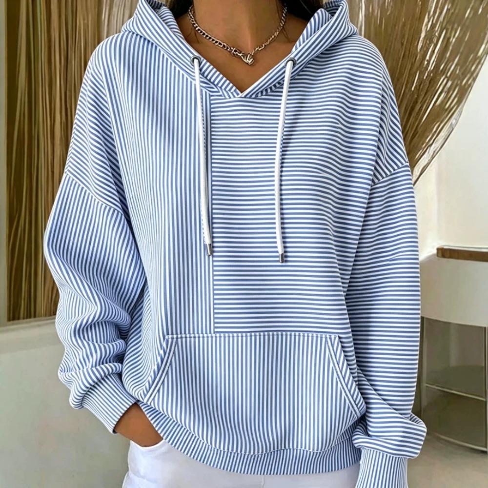 Women's V Neck Long Sleeve Striped Hoodie Casual Loose Pullover Sweatshirt for Daily Wear