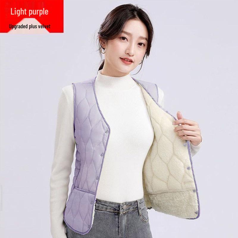 2025 Women's Autumn/Winter Sleeveless Down Vest - Short, Lambswool-Lined, Thickened, Plus Size, Slim Fit