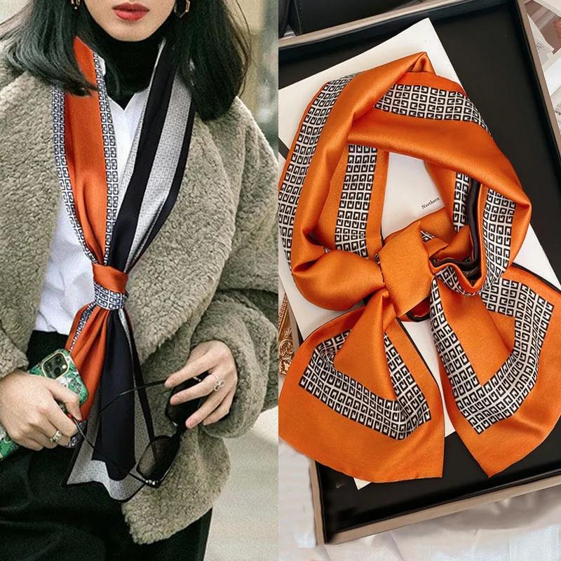 Luxury Design Skinny Silk Scarf Women Fashion Hair Ribbons Headbands Bandana Female Bag Wrist Wrap Neckerchief Foulard Neck Ties