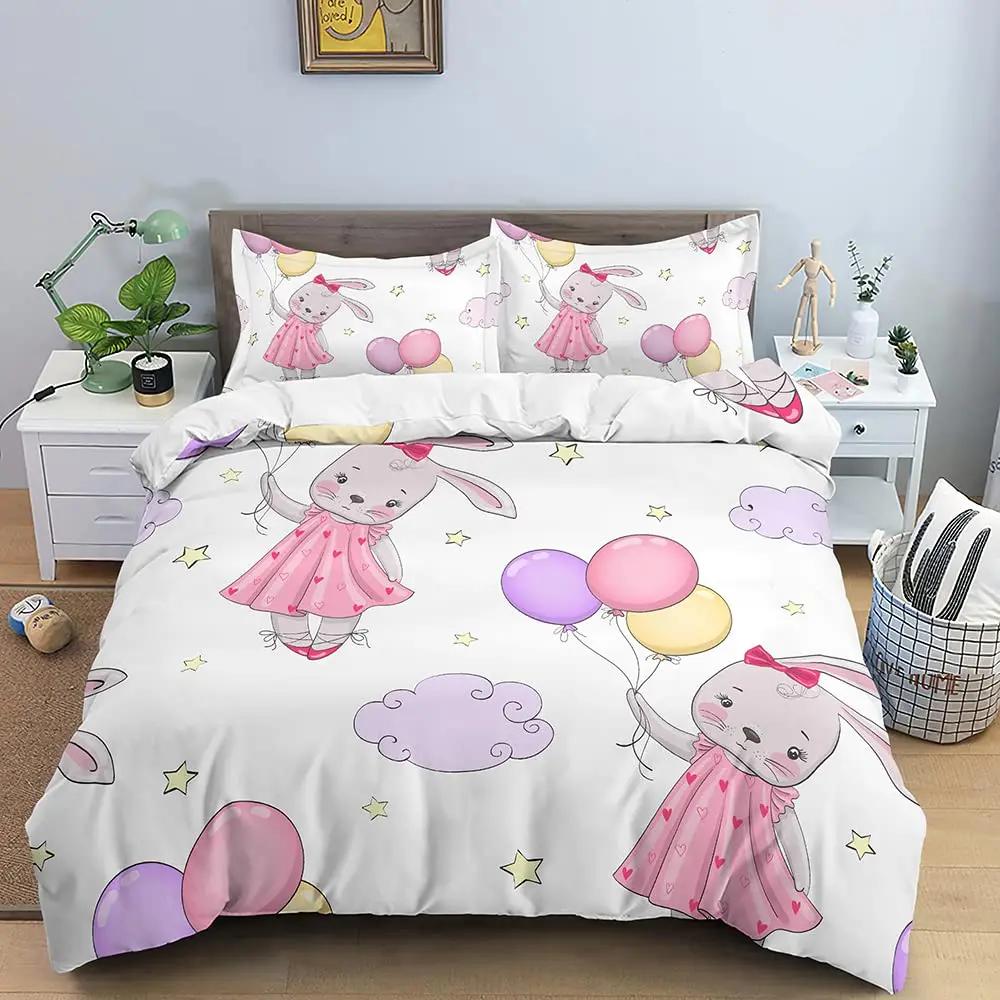 Cartoon Rabbit Bunny Bedding Set For Kids Girl Women Polyester Duvet Cover Quilt Cover With Pillowcase Polyester Comforter Cover