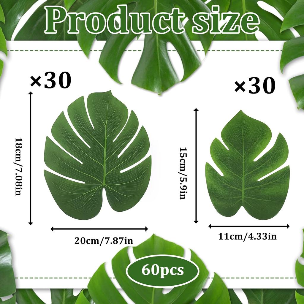 60 Pack Artificial Palm Leaves Party Decorations, Monstera Leaves,Small and Large Size 30 Each, for Home Wedding Tropical Theme Decor