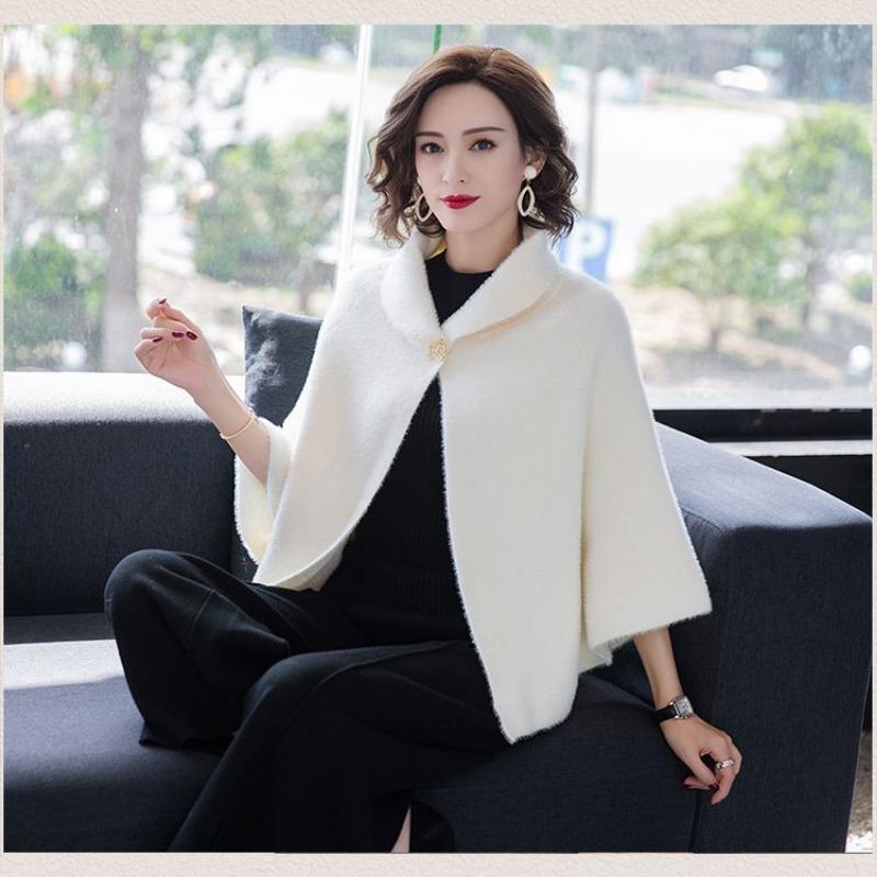 Autumn and winter warm little cloak fashionable and versatile cape jacket women's round neck embroidered top