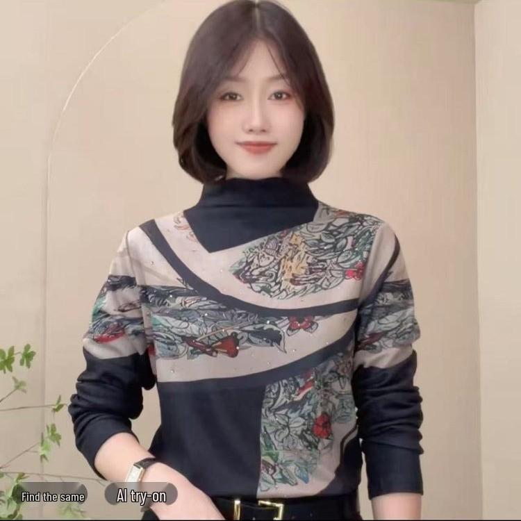 

Женская модная теплая футболка с длинным рукавом: Осенне-зимний базовый слой с полувысоким воротником 3XL (120-130 lbs) зелёный/чёрный