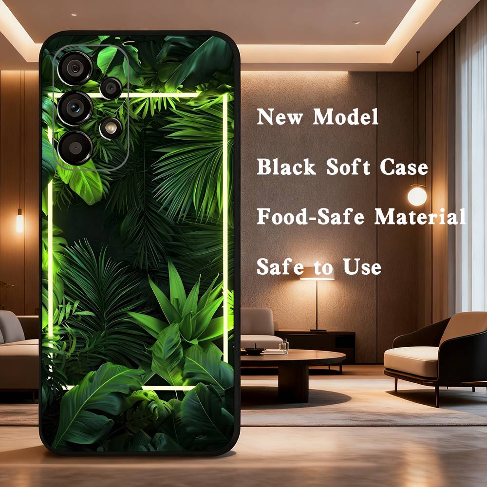 Handyhülle mit Palmenblatt-Motiv für Samsung Galaxy A73, 31, 32, 72, 41, 53, 52, 71, 22, 5G, Note, J7, 8, 9 – Weiche, schwarze Hülle