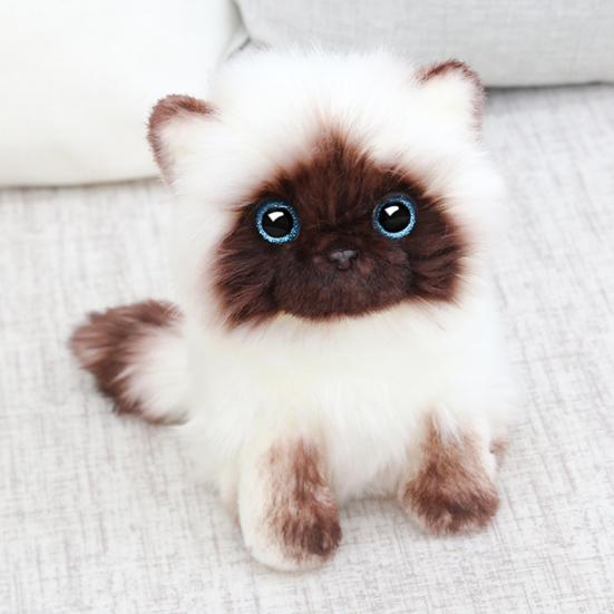 Cute Siamese Cat Plush Toy Soft Stuffed Animal Blue Sequins Eyes Brown White Face Decor Christmas Birthday New Year Present