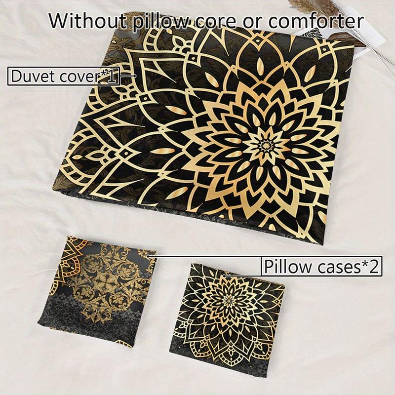3Pcs Mandala Luxury Golden Black Bedding Duvet Cover Set Bohemian Bedding Quilt Set Mandala Themed Bed Quilt Set Black Golden