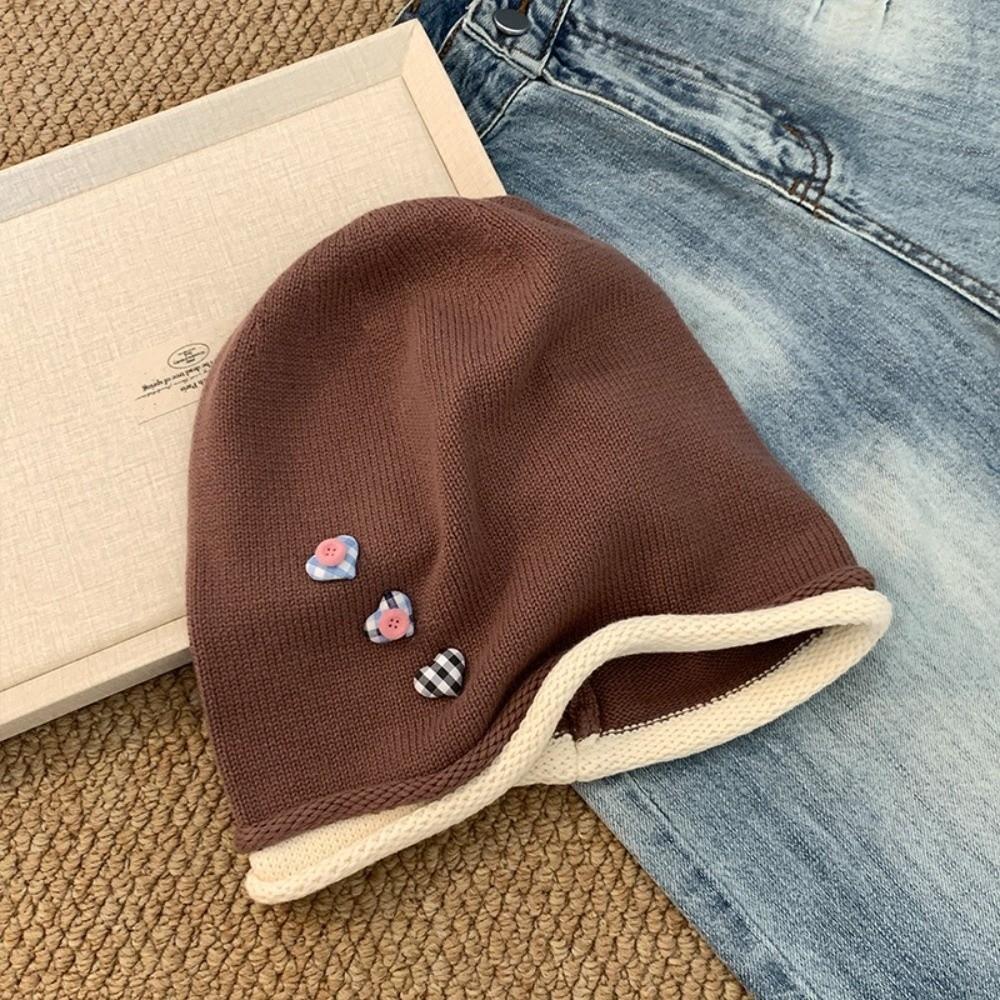 Heart Button Knitted Beanies Cap Vintage Pullover Hats Fashion Y2k Baggy Cap  Streetwear