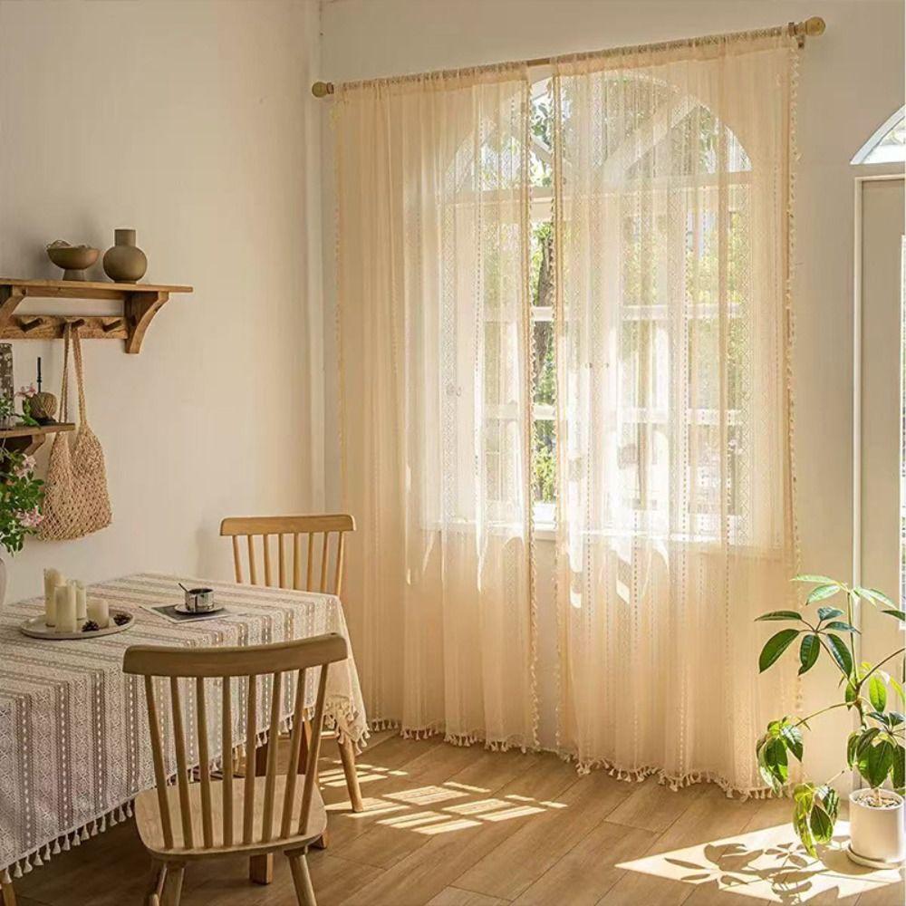 Lace Pattern Vintage Rod Pocket Curtains Tassel Design Geometry Striped Curtains  Window Treatment