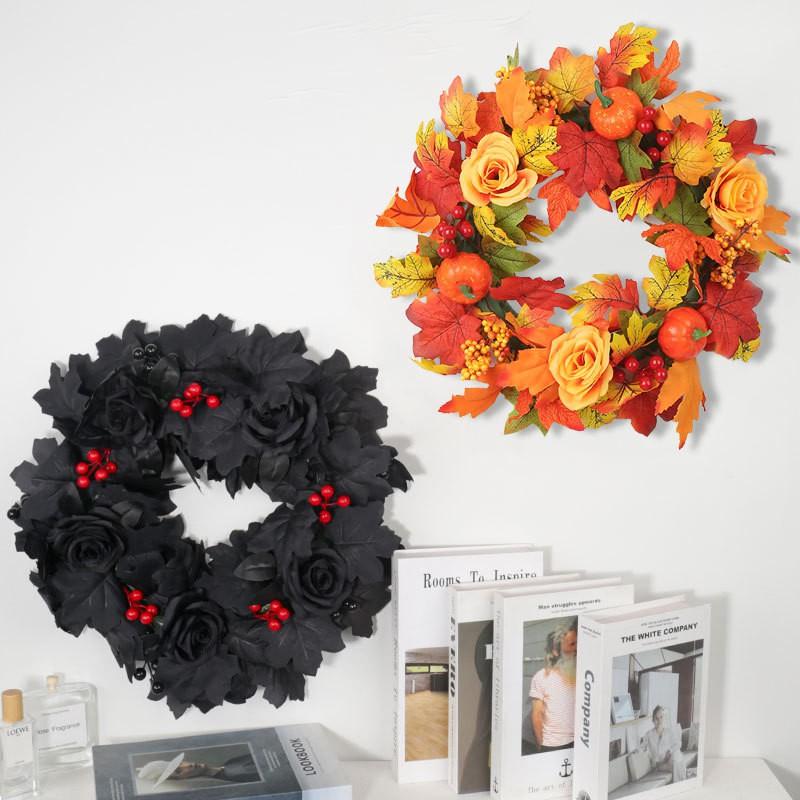Maple Leaf Wreath Door Decor Fall Harvest Festival Thanksgiving Home Decoration Artificial Floral Garland