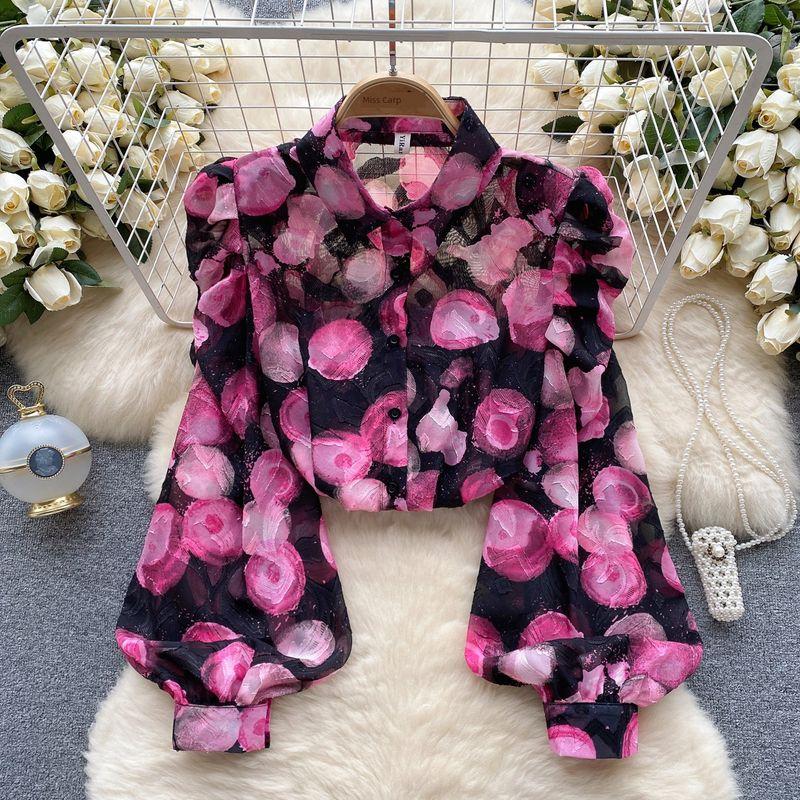 

Атмосфера Осень Пышные Рукава Принт Социалитка Рубашка Rose Red All yards