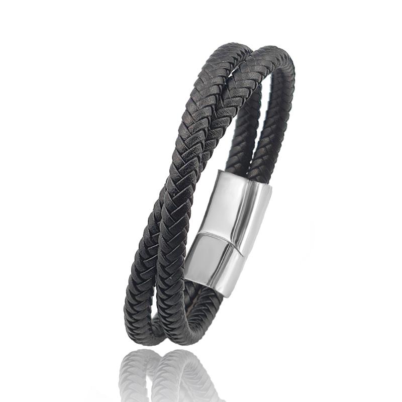 Titanium Steel Bracelet Double Layer Brown Black Leather Braided Rope Man High Quality Stainless Steel Magnetic For Women Gift